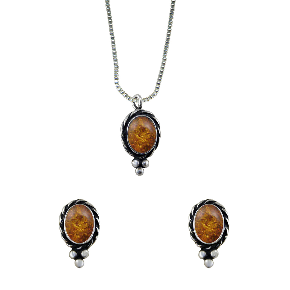 Sterling Silver Petite Necklace Earrings Set Amber